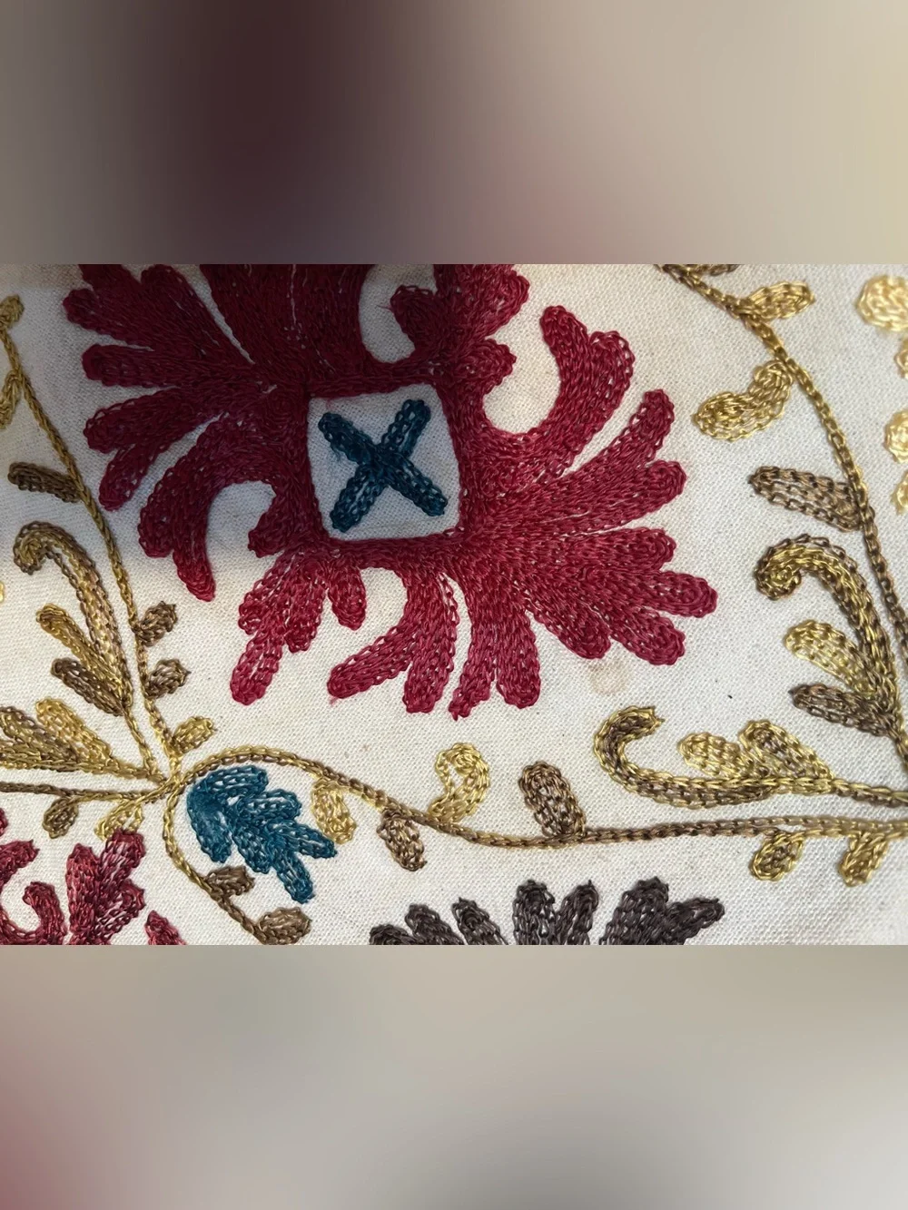 Vintage Pier 1 Ivory Accent Pillow Cover with Red, Gold, Brown, Teal Embroidery